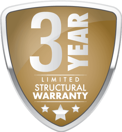 A gold shield emblem with a silver border displays 3 Year Limited Structural Warranty in white text, along with three white stars at the bottom.