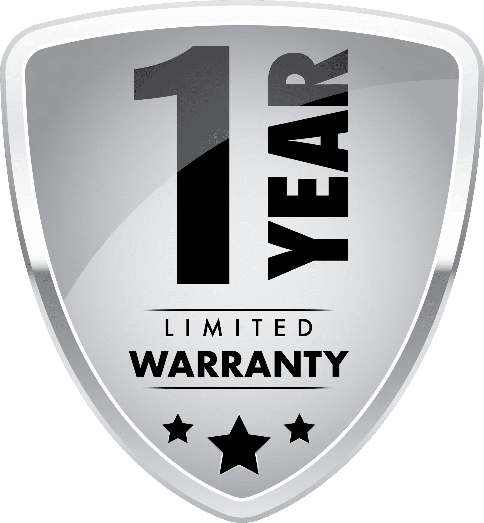 Silver shield with 1 Year Limited Warranty text and three black stars at the bottom. The shield has a reflective gradient design and bold black lettering.